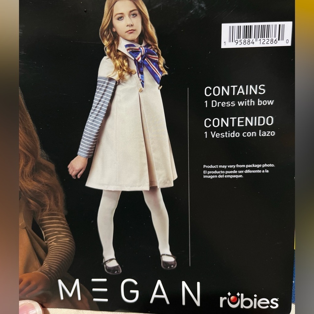 M3GAN Halloween Costume Girls Size L 10/12 Beige Dress with Blue Bow MEGAN